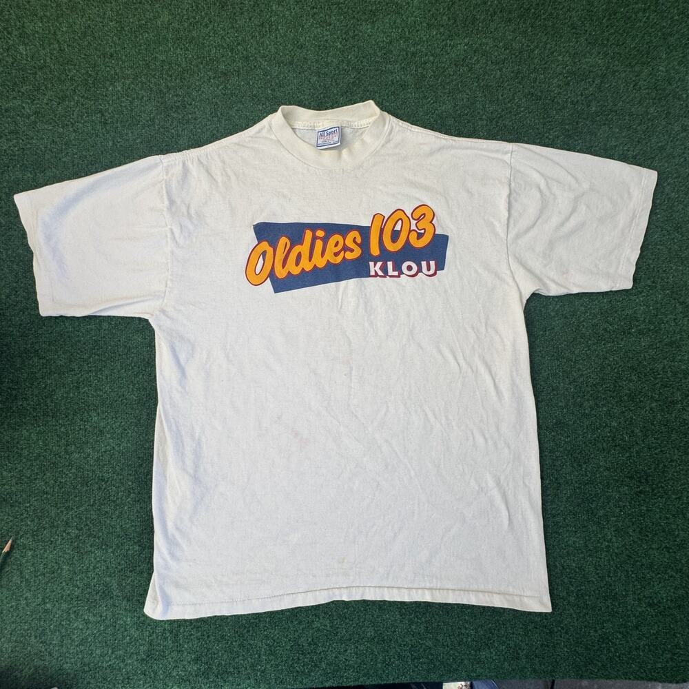 VTG 90s KLOU 103 FM Oldies Retro White T Shirt XL All Sport Single Stitch USA